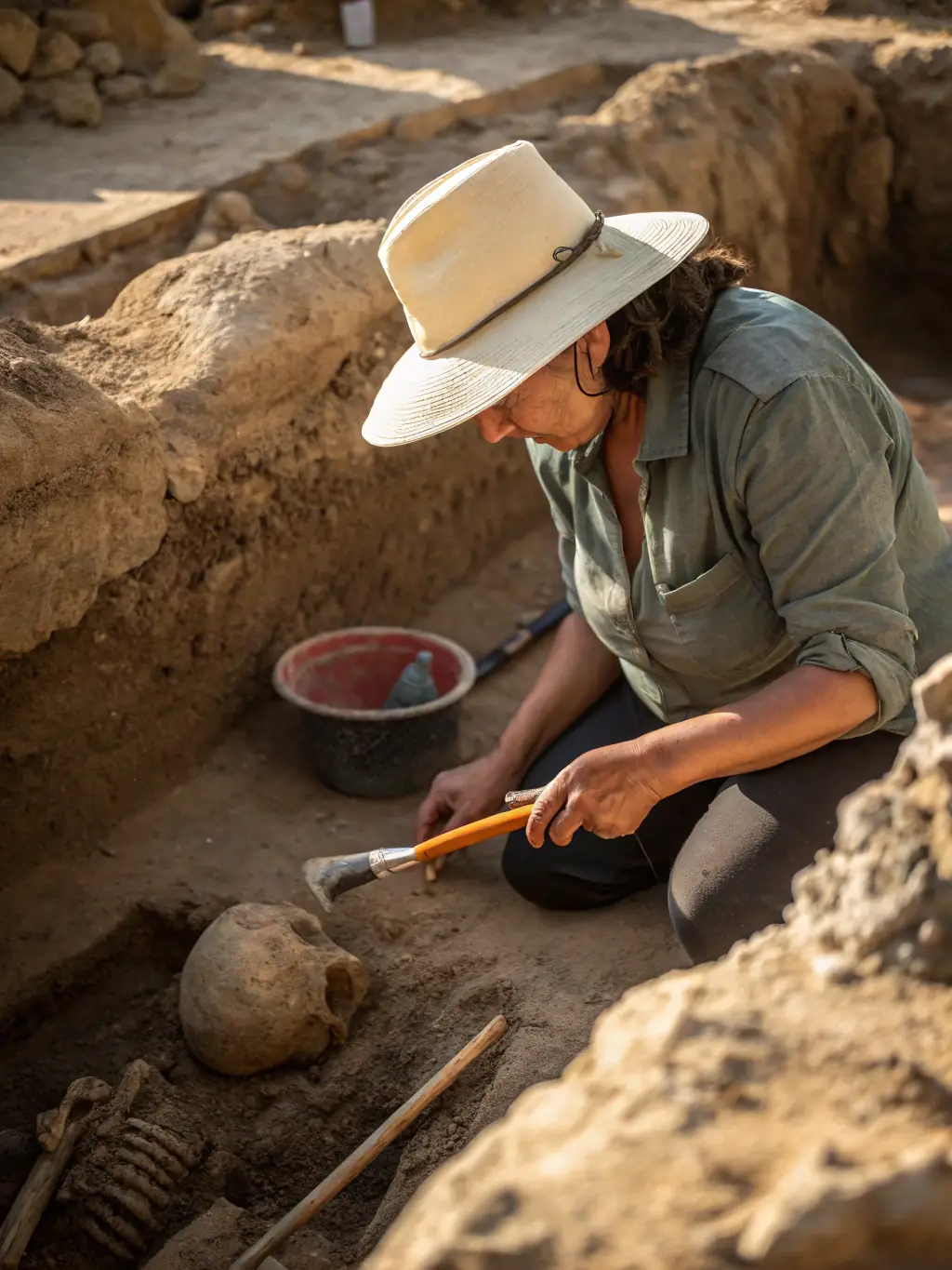 A photograph of archaeologists carefully excavating a Roman-era site in Les Baux-de-Provence, focusing on the delicate process of uncovering artifacts.