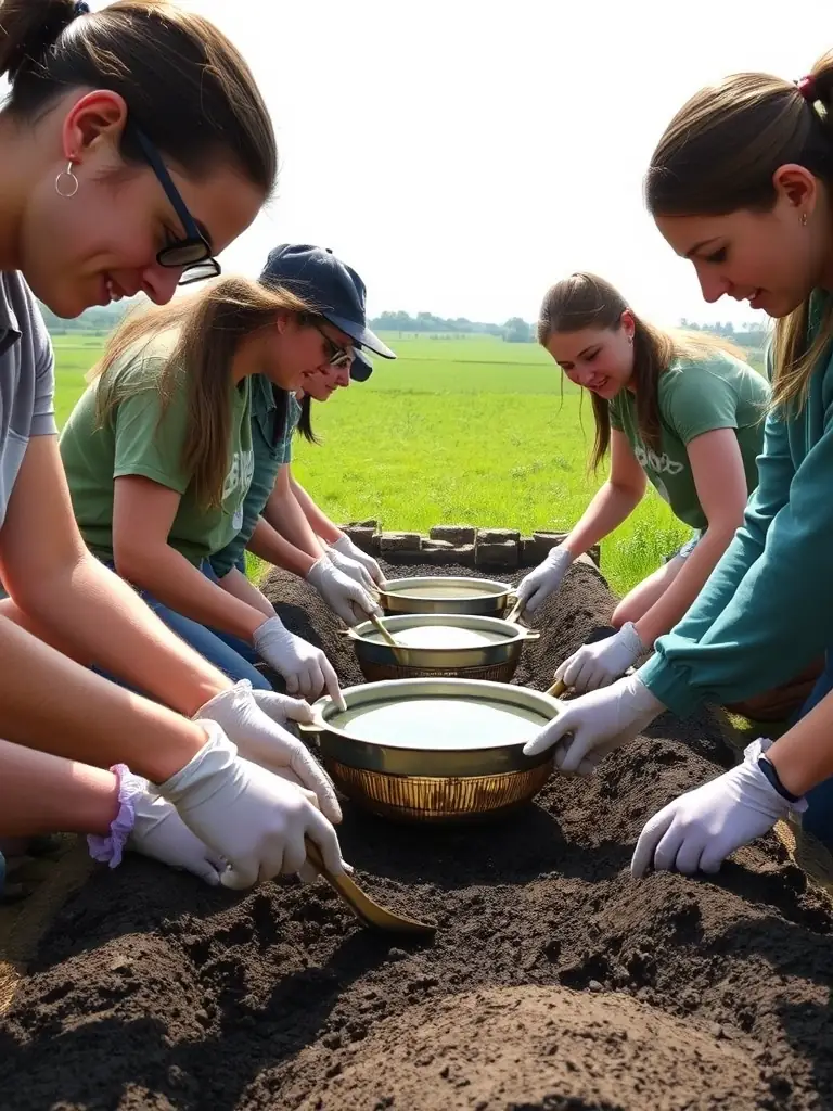 A group of students participating in an archaeological dig, carefully sifting through soil to uncover artifacts under the supervision of experienced archaeologists.