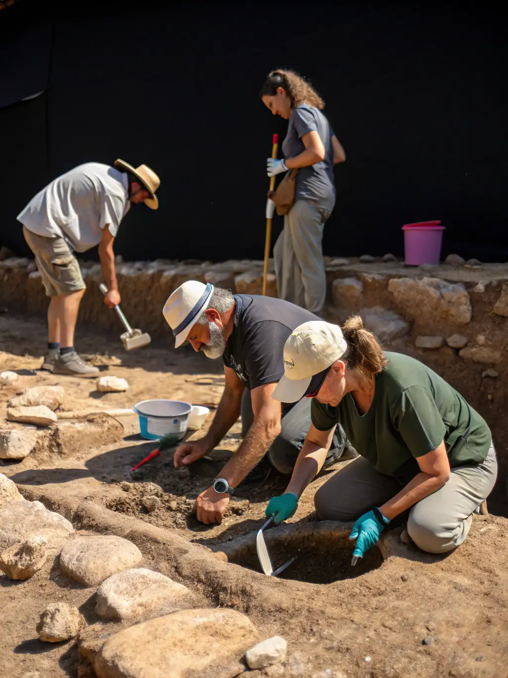 A group of students participating in an archaeological workshop, learning about ancient tools and techniques from a LES AMIS DES BAUX expert.